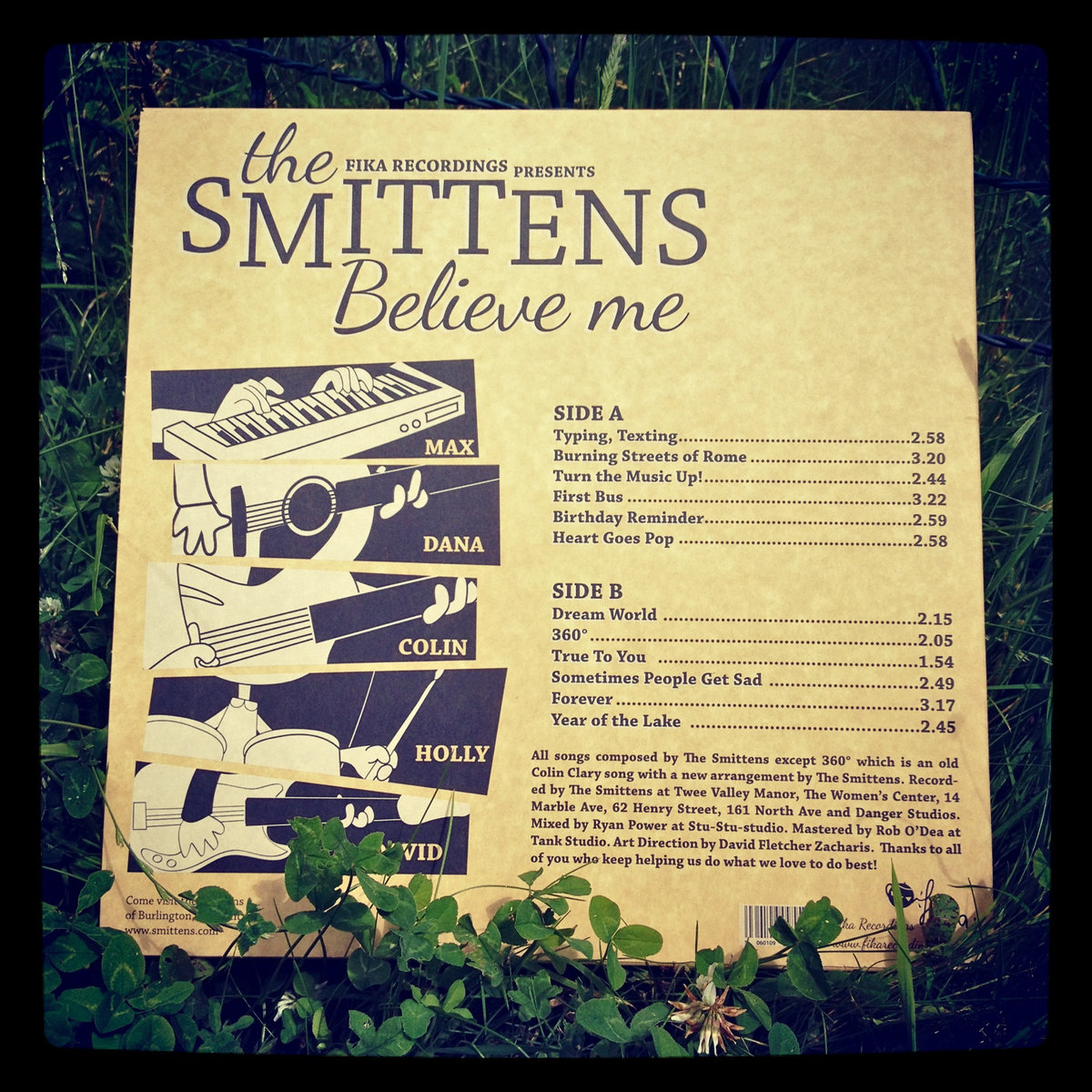 Back of the Smittens Believe Me Designed and Drawn by David Zacharis photo by Tom Aston of Fika Recordings
